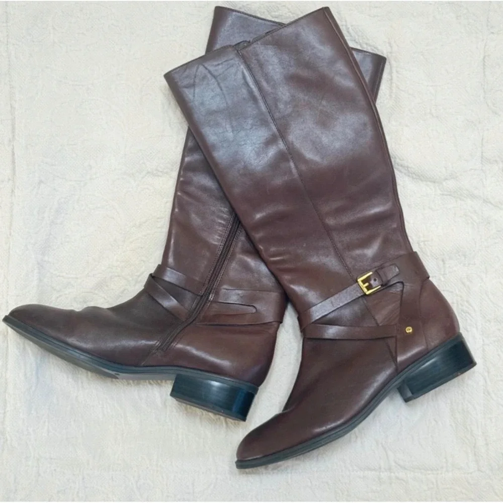 Lauren Ralph Lauren Dark Brown Leather Knee-High Harness Riding Boots Size 7.5
